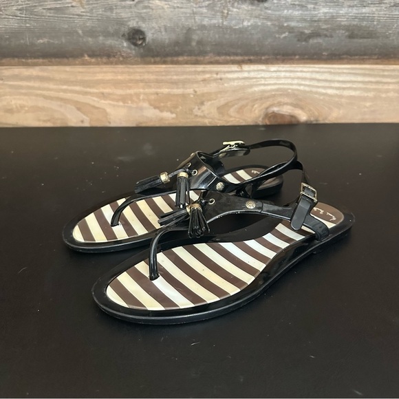 Henri Bendel Jelly Black White And Brown Thong Ankle Strap Designer Sandals 7 - Picture 1 of 11